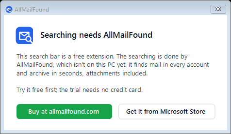 The window the bar shows when AllMailFound is not installed, with buttons to buy it at allmailfound.com or get it from the Microsoft Store